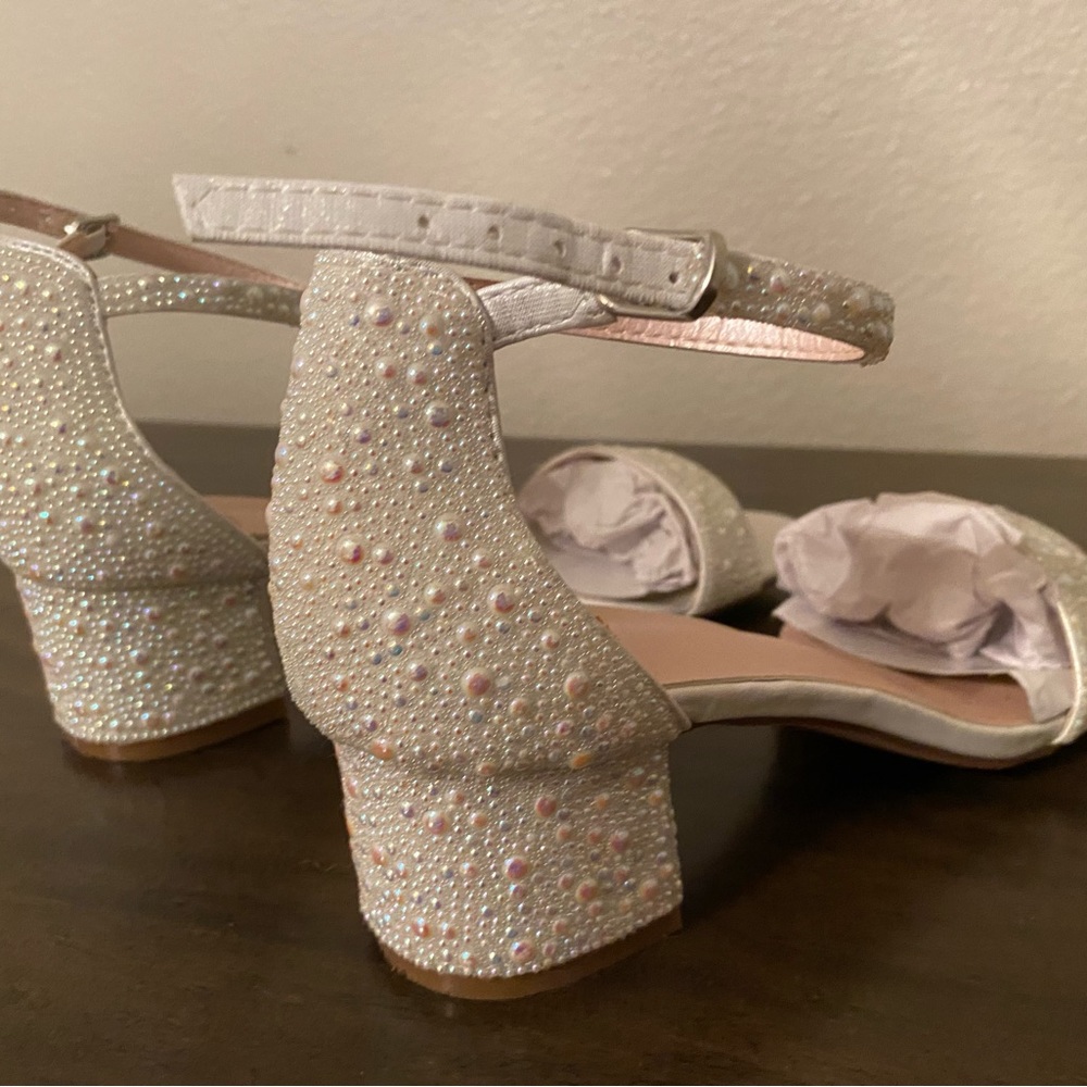 Allover Iridescent Pearl Low Block Heel Sandals